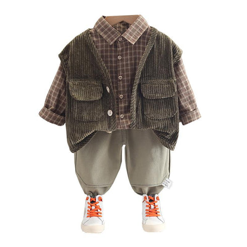 Spring and Autumn Boys Three-Piece Shirt Long Sleeve Set